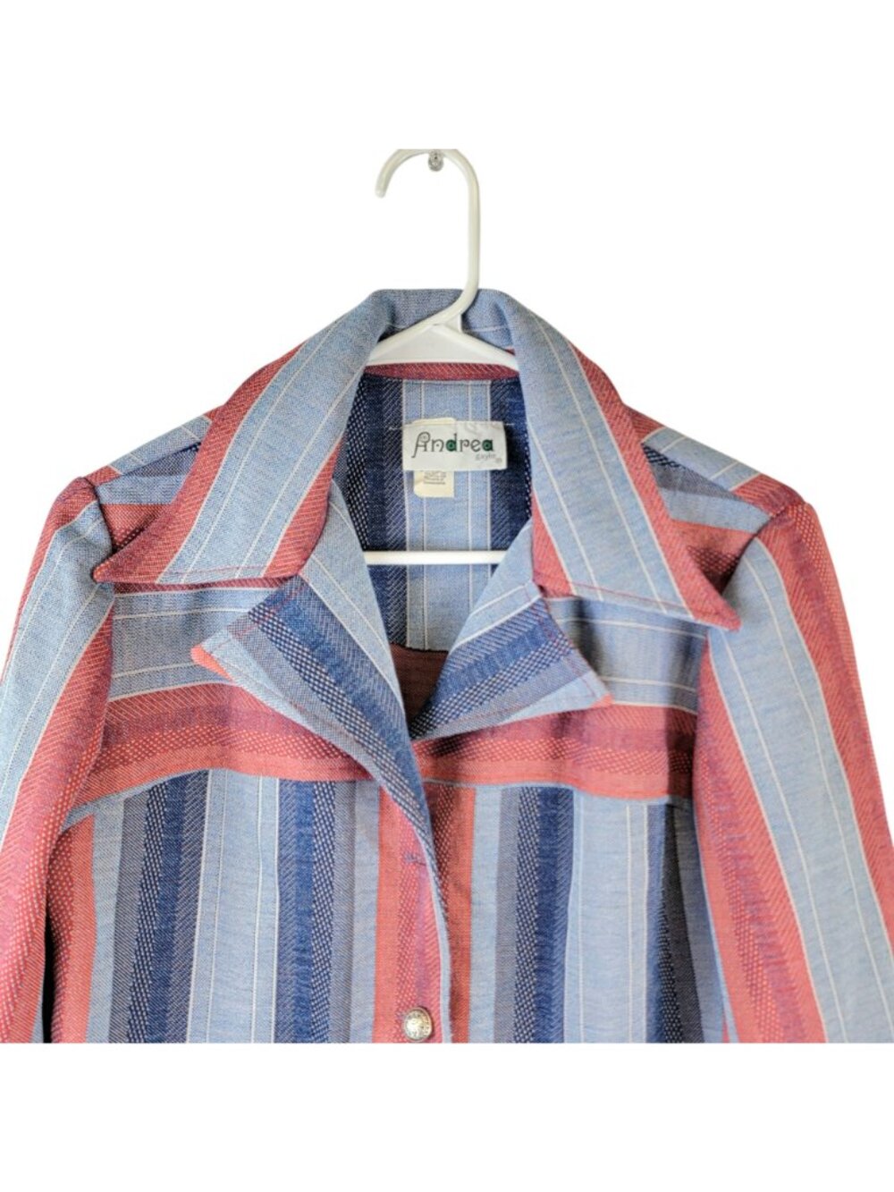 Vintage 70s Stripe Shirt Jacket Women Medium Pink Blue Collar Button Lightweight - Picture 12 of 16